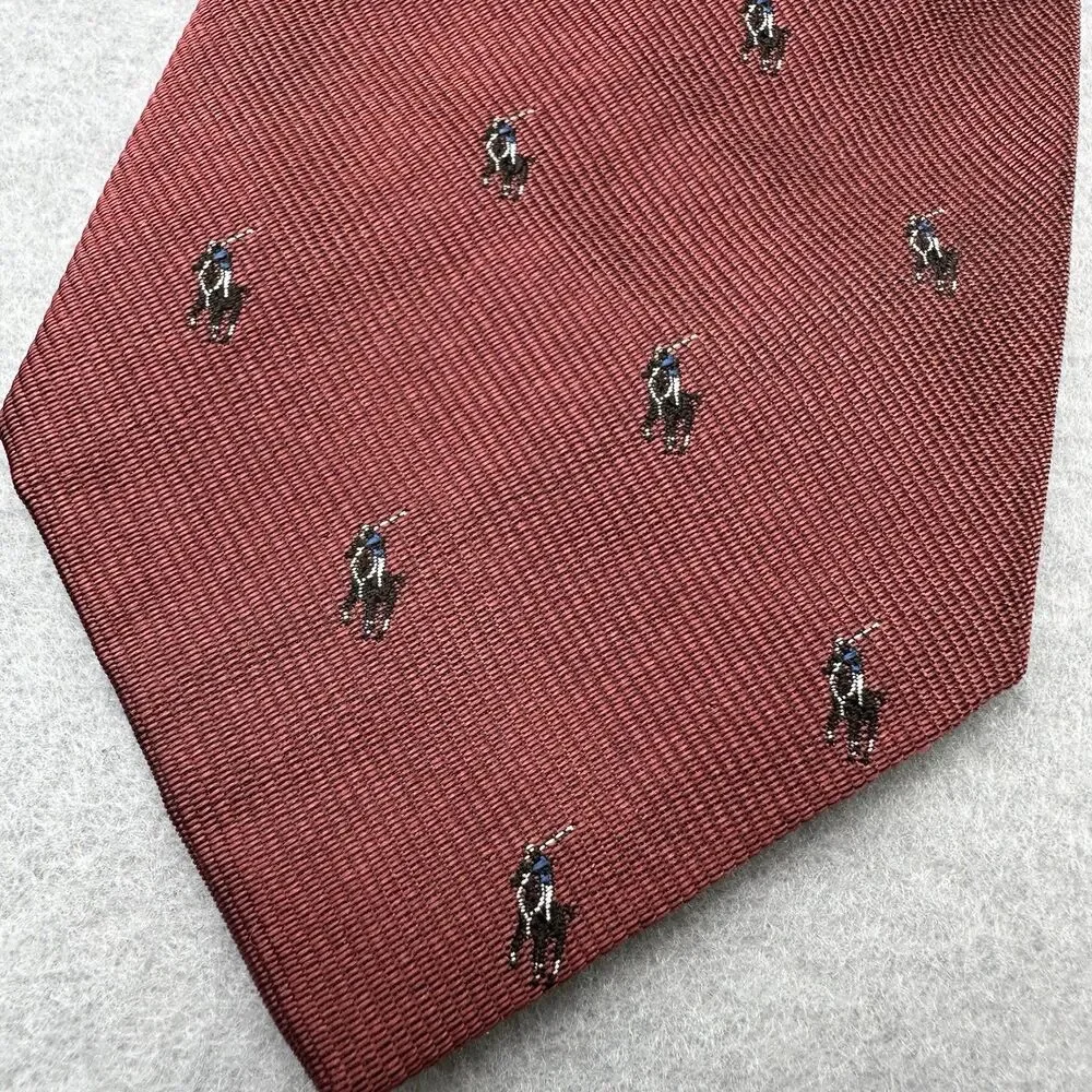 Polo Ralph Lauren Tie 100% Silk Made By Hand In USA Crimson‎ Pony All Over VTG